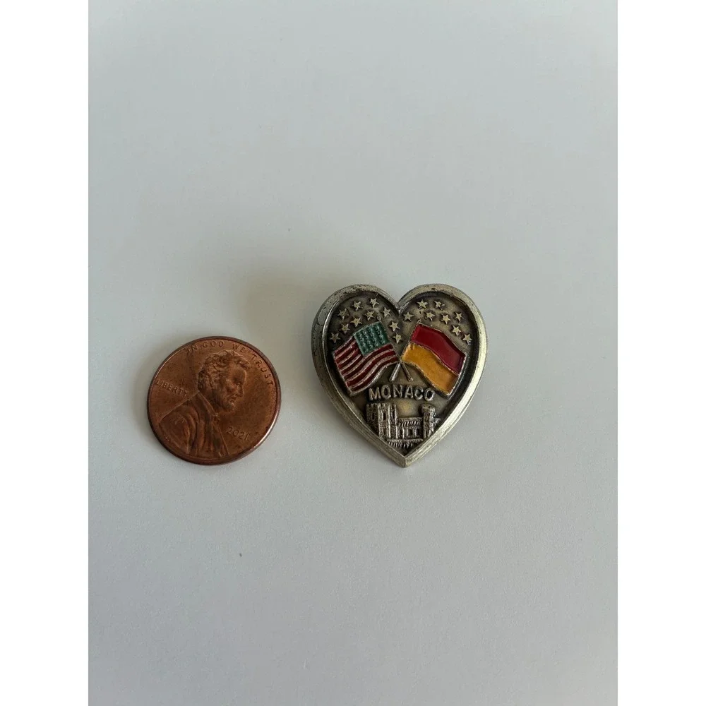 Vintage A. Augis Lyon Monaco USA Flag Heart Pin Enamel Lapel Badge Collectible